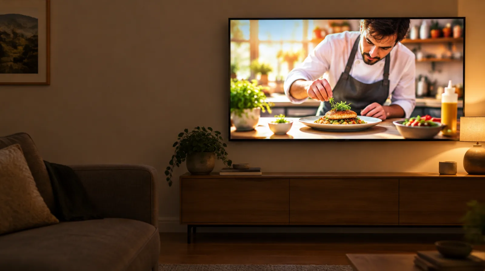 A living room TV playing a local restaurant's commercial during a streaming ad break