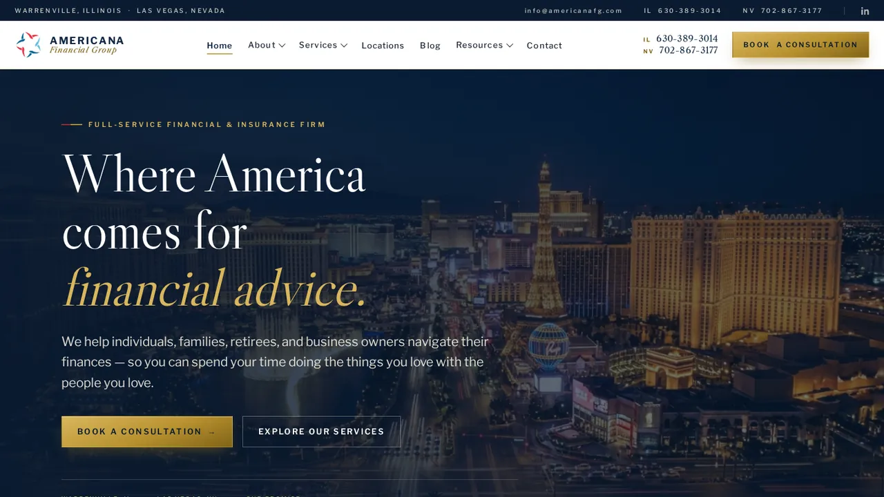 Homepage of the Americana Financial Group website built by Xperience Levels