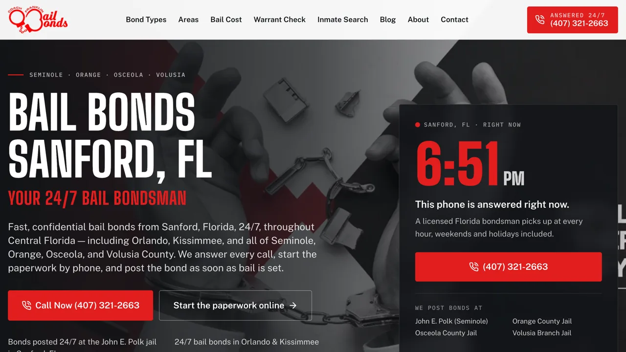 Homepage of the Coach Franklin Bail Bonds website built by Xperience Levels