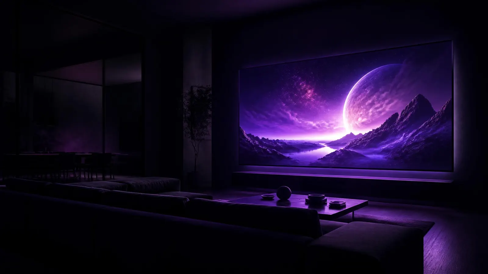 A living room with a large TV playing a commercial during a streaming ad break