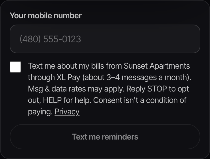 XL Pay text opt-in form: mobile number field, an unchecked consent checkbox with the disclosure, and a Text me reminders button